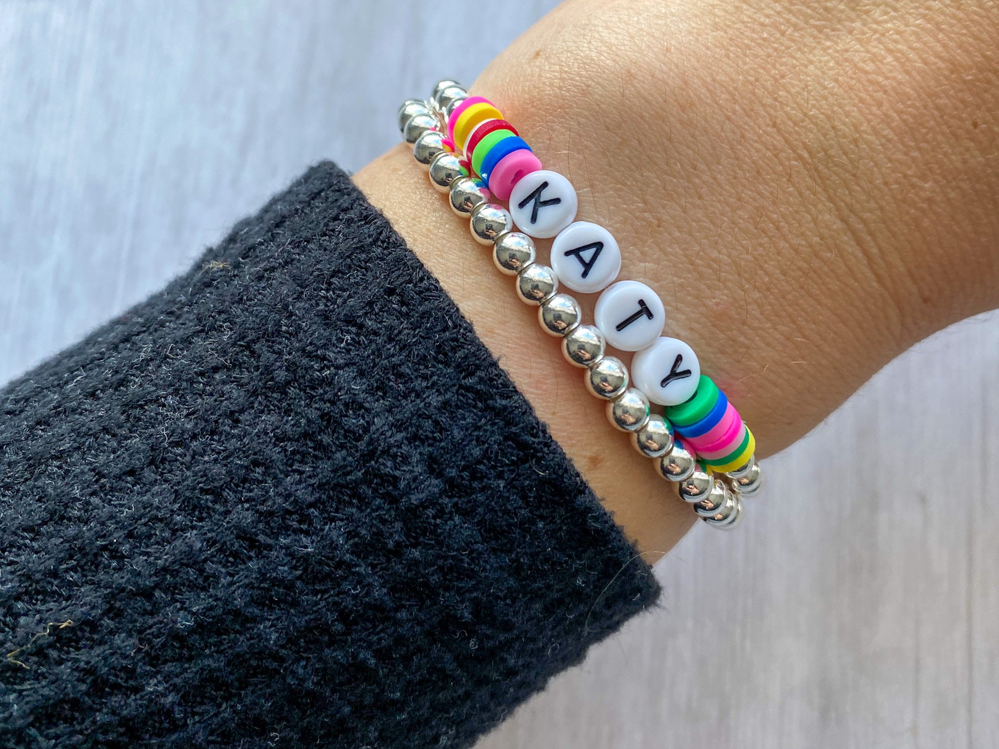 Silver Beaded Name Bracelet Heishi Bead Bracelet Letter Bead Etsy