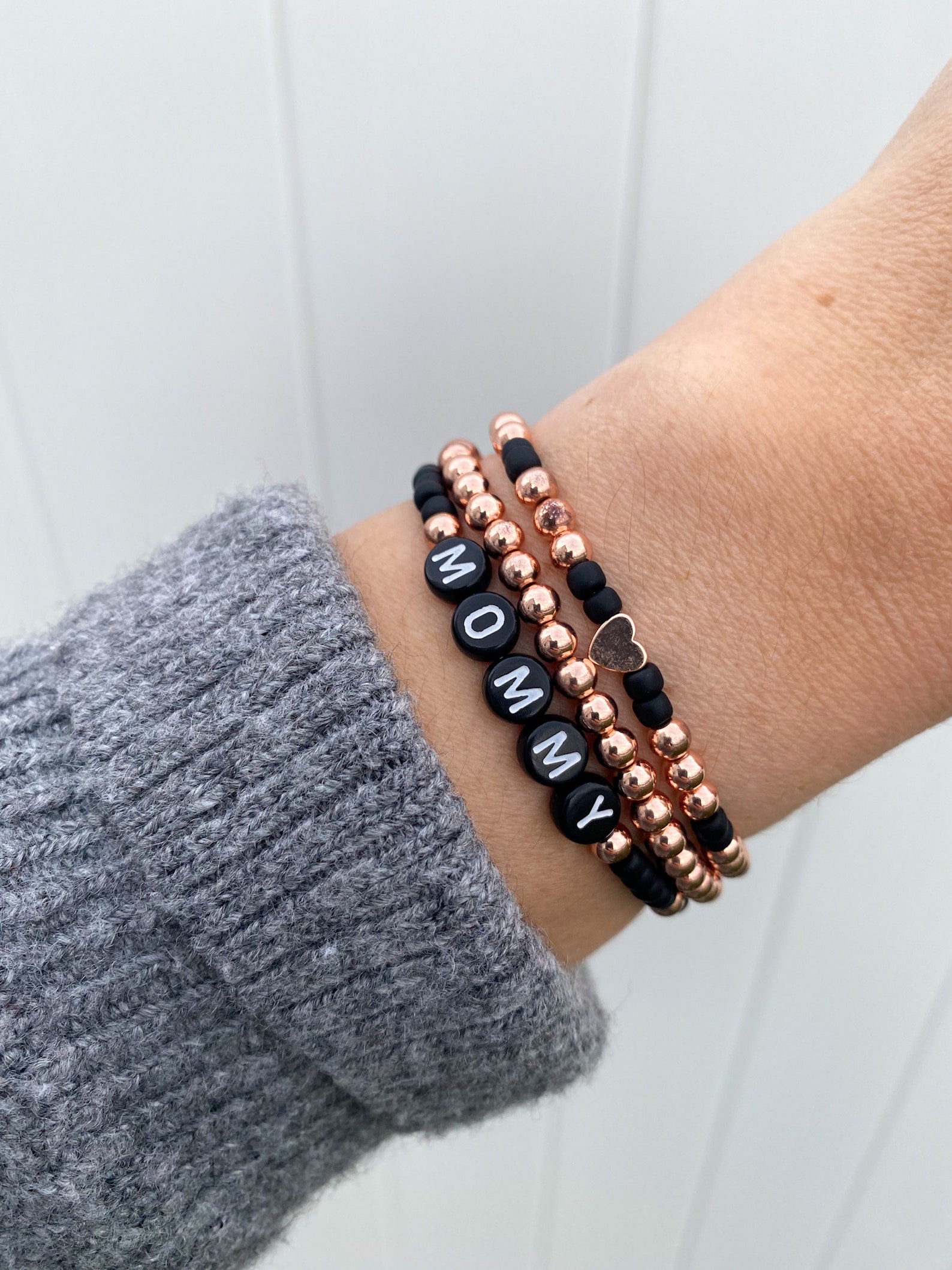 Rose Gold Bead Bracelet Beaded Bracelet Set Rose Gold Name Etsy
