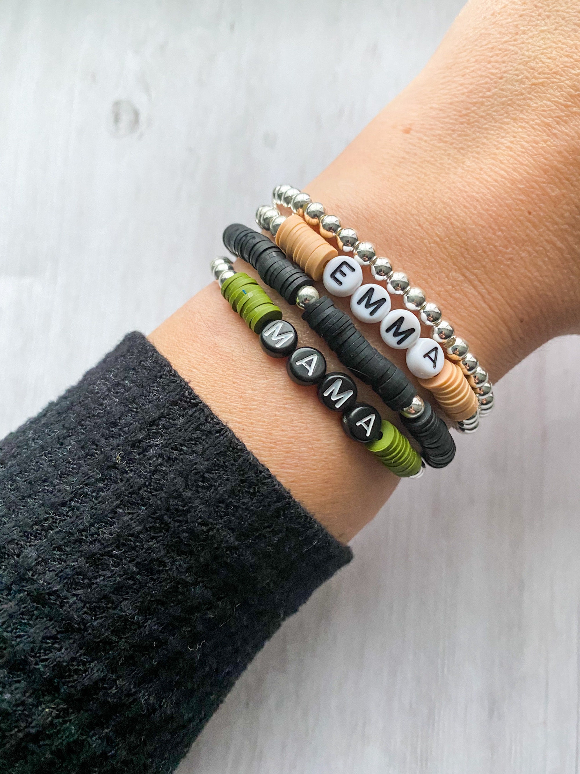 Silver Beaded Name Bracelet Heishi Bead Bracelet Letter Bead Etsy