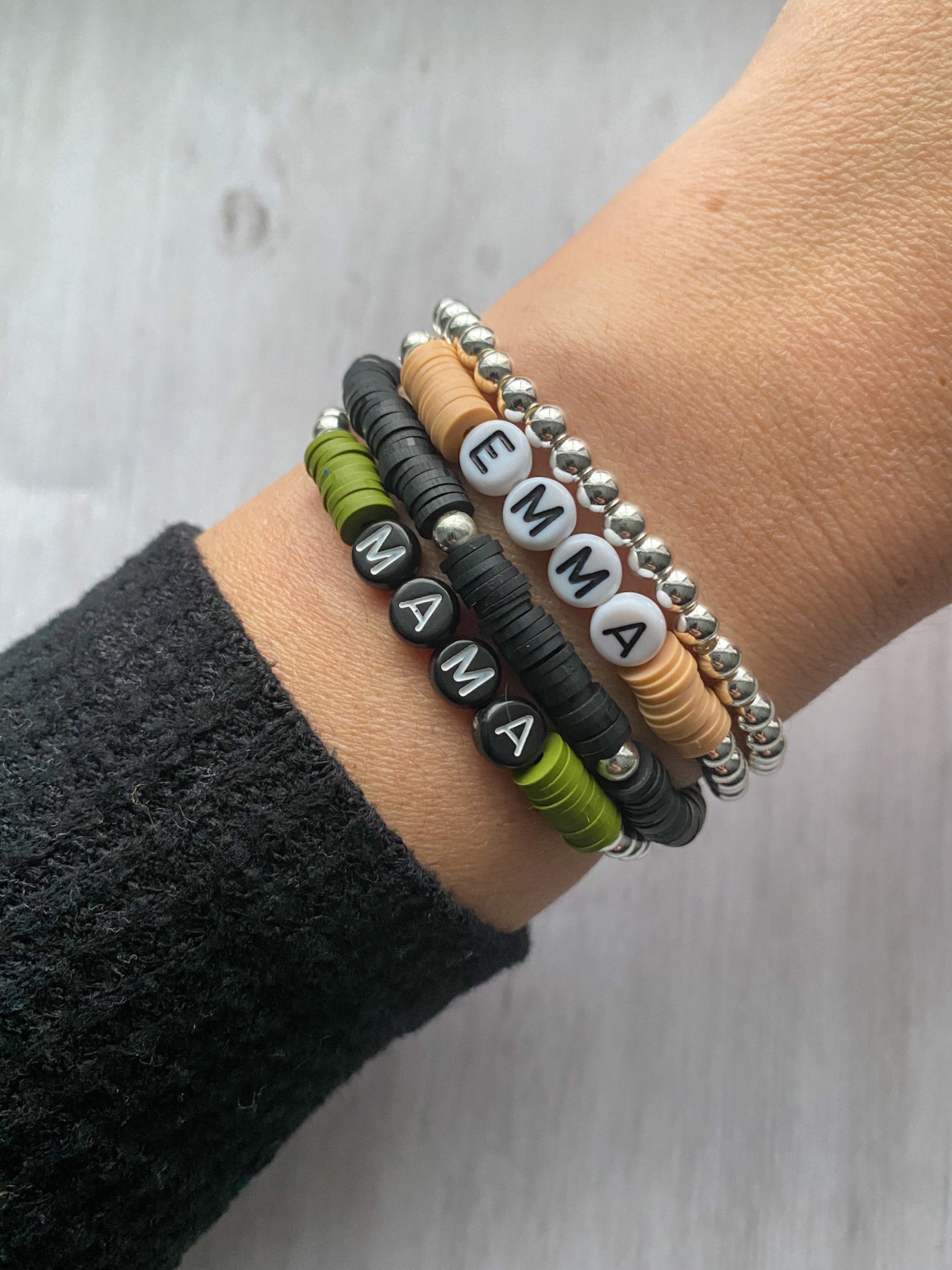 Silver Beaded Name Bracelet Heishi Bead Bracelet Letter Bead | Etsy