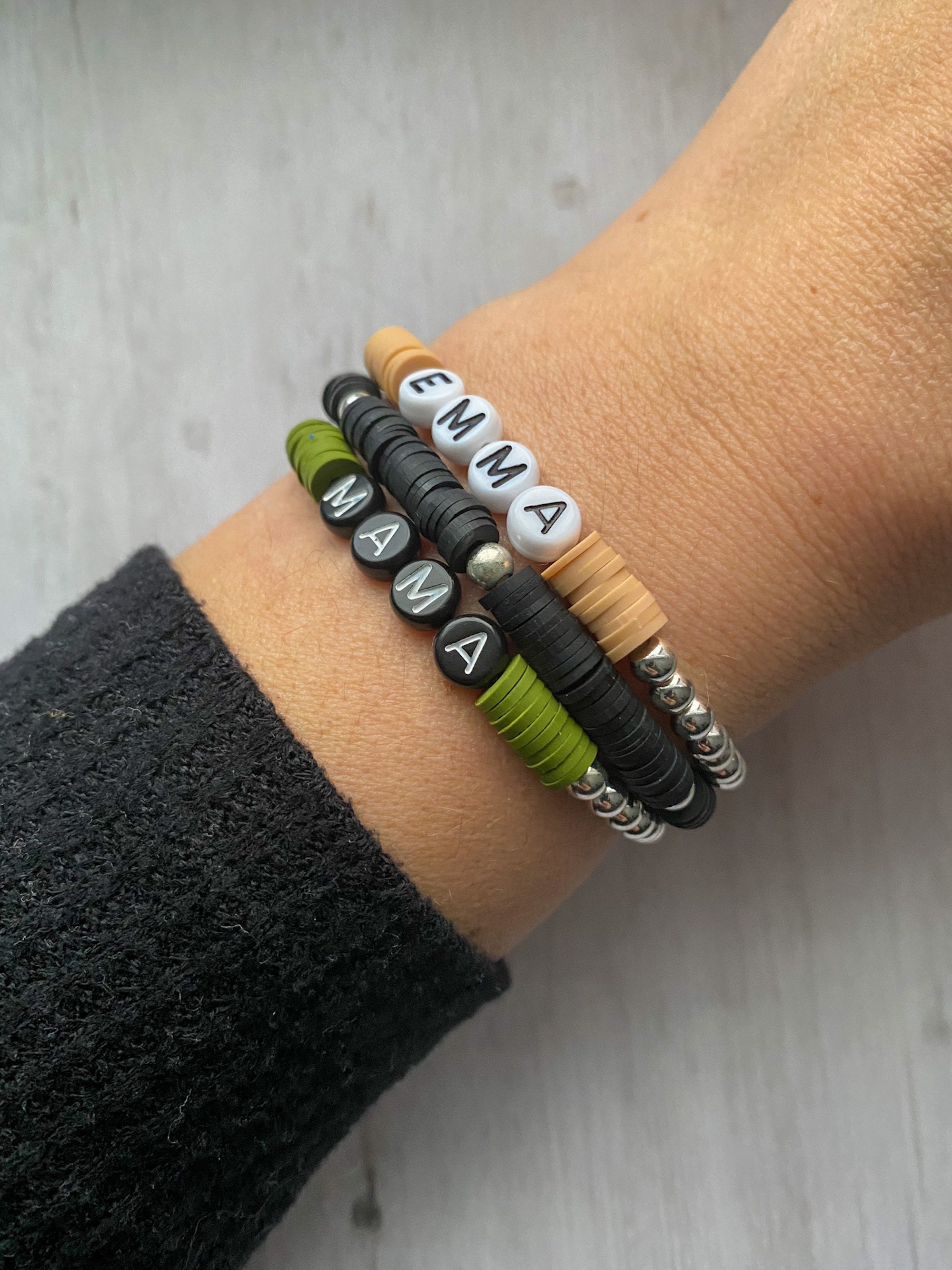 Silver Beaded Name Bracelet Heishi Bead Bracelet Letter Bead Etsy