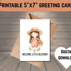 Cartão de boas-vindas para bebê para impressão | Cartão de chá de bebê pêssego | Design de menina com frente e verso | Cartão de felicitações para bebê | Para download | Cartão para novos pais