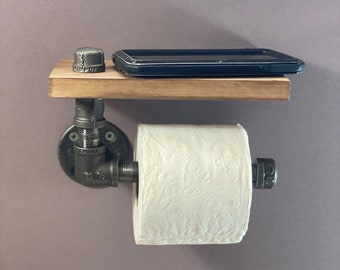 Industrial Pipe Toilet Tissue Dispenser with Pine Wood Shelf, Toilet Paper Holder, Iron Pipe TP Holder, Steampunk Toilet Paper Holder