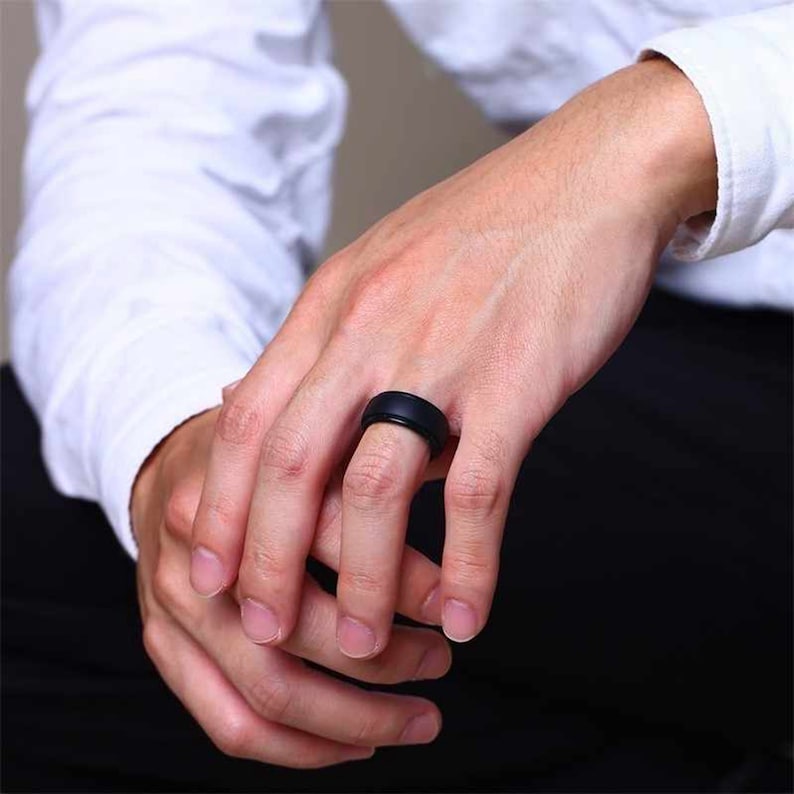 MENS Stepped Edge SILICONE RING Band Black Wedding Rings Active Life Style Heavy Duty image 2