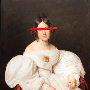 May include: A portrait painting of a woman wearing a white dress with a red and blue patterned shawl. Her eyes are covered with a red stripe.