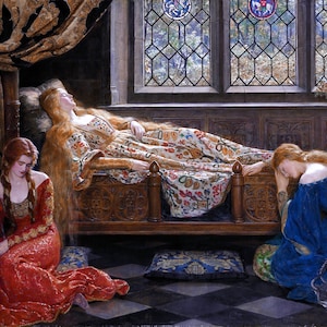 Puede incluir: Una pintura que representa a tres mujeres en un entorno medieval. Una mujer est&aacute; tumbada en una cama con una manta de estampado colorido, mientras que las otras dos mujeres est&aacute;n arrodilladas a su lado. La mujer de la cama tiene el pelo largo y rojo, y las otras dos mujeres tambi&eacute;n tienen el pelo rojo. La pintura est&aacute; ambientada en una habitaci&oacute;n con una gran ventana y un marco de cama de madera.