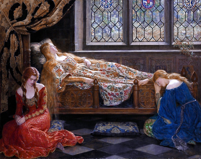 Puede incluir: Una pintura que representa a tres mujeres en un entorno medieval. Una mujer est&aacute; tumbada en una cama con una manta de estampado colorido, mientras que las otras dos mujeres est&aacute;n arrodilladas a su lado. La mujer de la cama tiene el pelo largo y rojo, y las otras dos mujeres tambi&eacute;n tienen el pelo rojo. La pintura est&aacute; ambientada en una habitaci&oacute;n con una gran ventana y un marco de cama de madera.