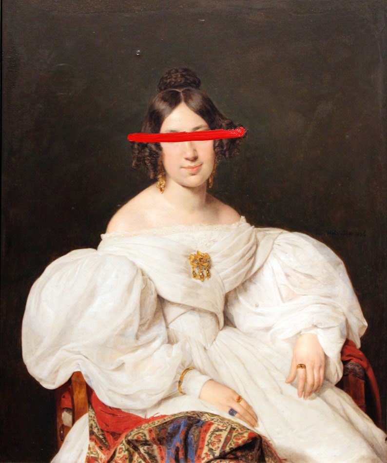 May include: A portrait painting of a woman wearing a white dress with a red and blue patterned shawl. Her eyes are covered with a red stripe.