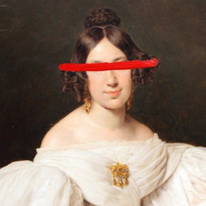 May include: A portrait painting of a woman with a red painted stripe across her eyes. She is wearing a white dress with a gold brooch and has her hair pulled back in a bun.