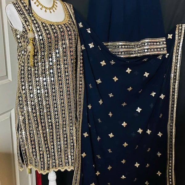 Dark Navy Blue Heavy Embroidered Sharara Suit