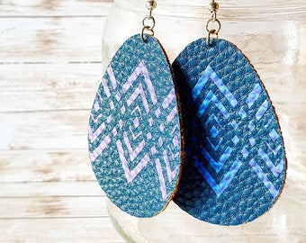 Blue Iridescent Faux Leather Earrings, Round Blue Earrings, Purple Geometric Design, Egg Shaped, Blue Textured Leather - Hypoallergenic