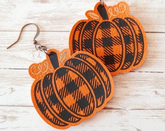 Faux Leather Pumpkin Earrings, Plaid Pumpkin, Orange and Black, Fall Pumpkin, Checkered Pumpkin, Dangly Pumpkin, Fall Gourd - Hypoallergenic
