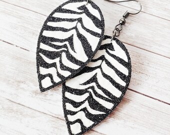 Zebra Print Faux Leather Teardrop Earrings, Black and White, White Tiger Print, Reverse Teardrop, Black Stripes, Black Glitter Animal Print