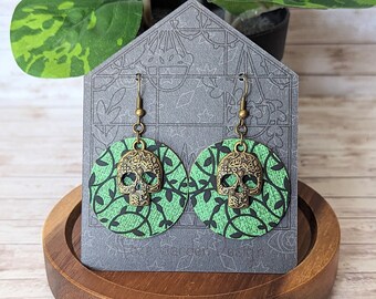 Faux Leather Skull Earrings, Sugar Skull, Day of the Dead, Día de los Muertos, Floral Skull, Bronze Skull, Halloween Skull - Hypoallergenic