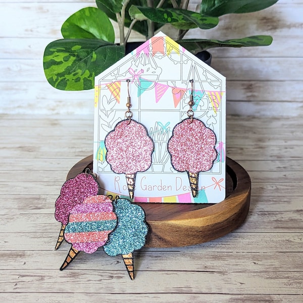 Faux Leather Cotton Candy Earrings, Fair Treat, Sparkly Cotton Candy, Rainbow Ice Cream, Glitter Sweet Treat, Fun Fair Food, Candy Earrings