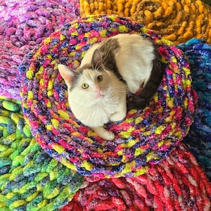 May include: A white and gray cat sits in the center of a colorful crocheted rug. The rug is made of thick yarn and has a spiral pattern. The cat is looking directly at the camera.