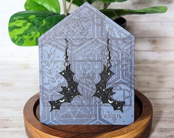 Faux Leather Bat Earrings, Sparkly Bat, Halloween Bat, Flying Bat, Spooky Bat, Celestial Bat, Moon and Stars Bats, Black Bat -Hypoallergenic