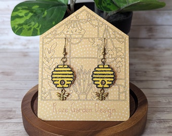 Faux Leather Beehive Earrings, Yellow Beehive, Gold Bumblebee, Small Golden Bee Charm, Honey Bee Earrings, Glitter Beehive - Hypoallergenic