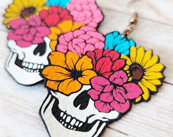 Faux Leather Floral Skull Earrings, Skull Bouquet, Large Halloween Skull, Skull with Flowers, Sugar Skull, Colorful Skull, Day of the Dead