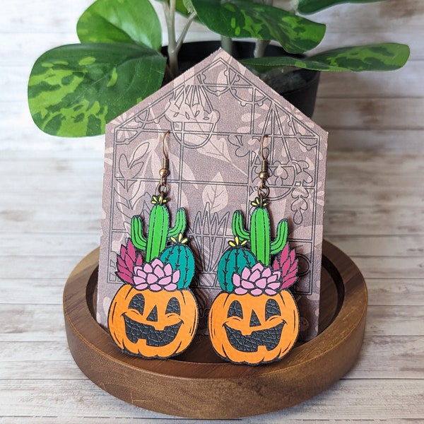 Faux Leather Pumpkin Planter Earring, Succulent Planter, Potted Cactus, Jack-O-Lantern Pot, Halloween Pumpkin Earring, Spooky Hanging Basket