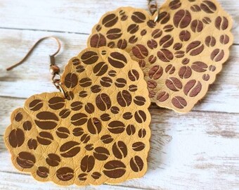 Faux Leather Coffee Lover Earring, Coffee Beans, Coffee Heart, Scalloped Heart, Love Coffee, Faux Leather Heart, Coffee Gift -Hypoallergenic