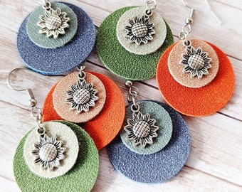 Suede Faux Leather Sunflower Earrings, Suede Feel, Soft Round Earrings, Layered Floral Earring, Colorful Stacked Circles, Small Sunflowers