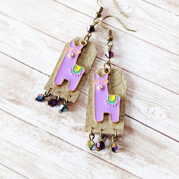 Faux Leather Llama Earrings, Fiesta Earrings, Party Llama, Purple Llama, Beaded Llama, Alpaca Earrings, Dangly Party Earring -Hypoallergenic