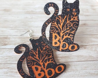 Faux Leather Halloween Cat Earrings, Spooky Cute, Sparkly Halloween Earrings, Happy Halloween Boo, Large Cat Earrings, Halloween Themed