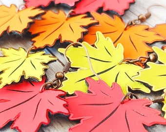 Faux Leather Maple Leaf Earrings, Long Fall Dangle, Fall Colored Leaves, Autumn Maple Leaf, Single Fall Leaf, Handmade Seasonal Accessories