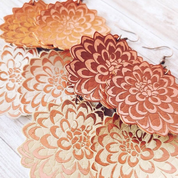 Faux Leather Marigold Earrings, Copper Flower, Dahlia, Fall Mum, Seasonal Colors, Fall Floral, Orange Flower, Large Marigold -Hypoallergenic