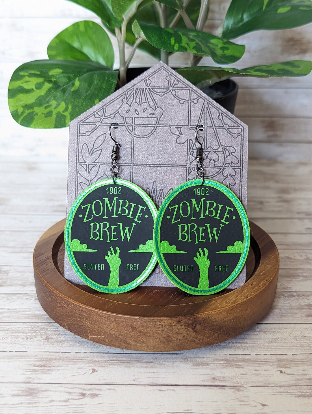 Faux Leather Zombie Brew Halloween Earrings, Beer and Breweries, Zombie