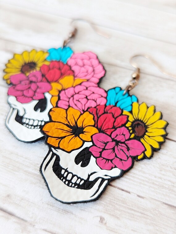 Faux Leather Floral Skull Earrings, Skull Bouquet, Large Halloween Skull, Skull with Flowers, Sugar Skull, Colorful Skull, Day of the Dead