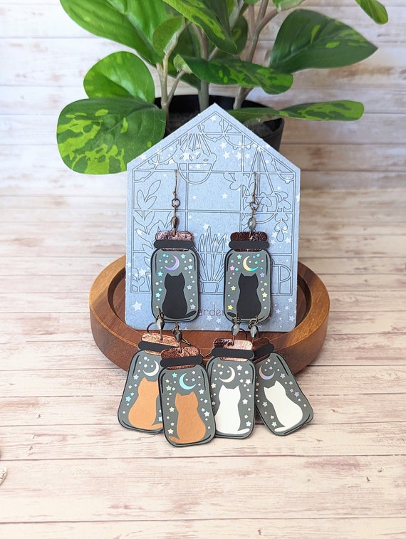Black Cat Faux Leather Earrings, Mason Jar, Rainbow, Spell jar, Witchy Cat, Witchy Jar, Holographic Moon & Stars, Spooky - Hypoallergenic