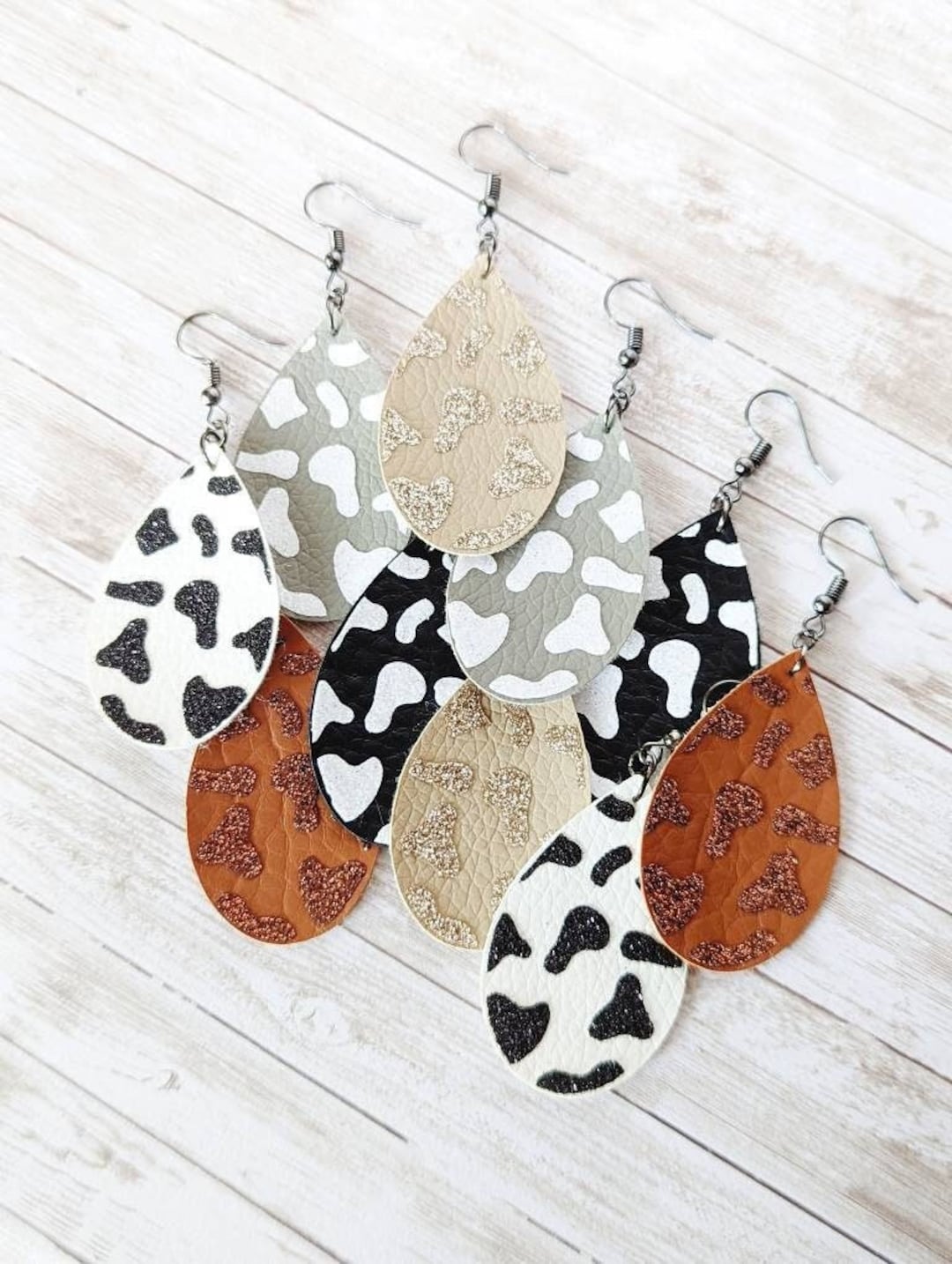 Faux Leather Cow Print Teardrop Earrings, Glitter Cow Print, Jersey Cow