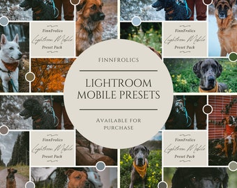 May include: A collage of images featuring dogs and the text "FinnFrolics Lightroom Mobile Presets Available for Purchase".