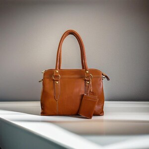 Leather tote bag with strap, elegant leather bag, Multiple pockets, Zipper top, Gift for her