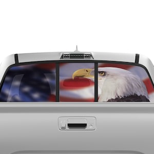 May include: A silver pickup truck with a rear window decal of an American flag with a bald eagle looking out of the window.