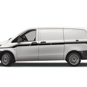May include: A white van with black side stripes. The van has a sliding door on the passenger side and a rear door.