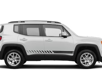 May include: A white Jeep Renegade with black side stripes. The vehicle is shown from the side, with the driver's side door open.