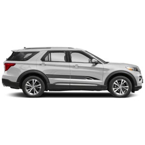 May include: A white SUV with black side stripes. The vehicle is viewed from the side.