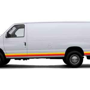 May include: A white cargo van with red and yellow stripes along the side. The van is on a white background.