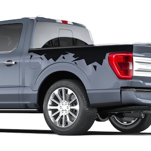 May include: A gray pickup truck with a black and gray graphic on the side of the bed. The truck has a chrome bumper and a chrome tailgate.