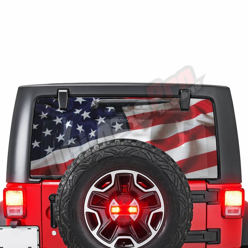 Rear Windshield Perforated Decal Sticker Flag Wavy Compatible with Jeep Wrangler JL 2018 2023 Rubicon Off Road Rear window American US image 1