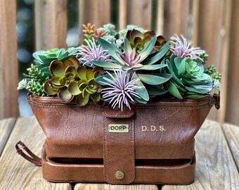 Vintage Leather Dopp Kit Succulent Arrangement