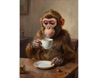 Vintage Monkey Coffee Print, Animal Lifestyle Wall Art, Cozy Cafe Poster