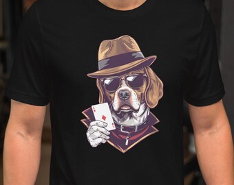 Dog Playing Poker T-Shirt, Vintage Casino Graphic Tee, Fedora Sunglasses Ace Card