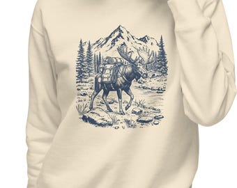 Sudadera vintage Moose Wilderness, jersey de cuello redondo para senderismo al aire libre.