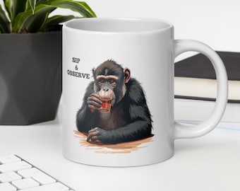 Chimpanzee Sip & Observe Ceramic Mug, Vintage Animal Coffee Cup