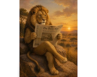 Lion Reading Newspaper Print, Vintage Safari Sunset Wall Art, Cozy Reading Room Decor