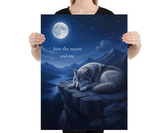 Wolf Moonlit Mountain Poster, Celestial Night Landscape Print
